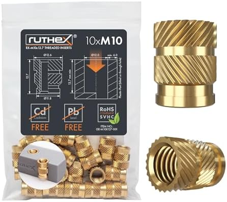 ruthex M10 Threaded Inserts - 10 Pieces RX-M10x12.7 Brass Heat Set Insert for Plastic Parts - Inches knurled Nuts - Insert by Heat into 3D Printing Components
