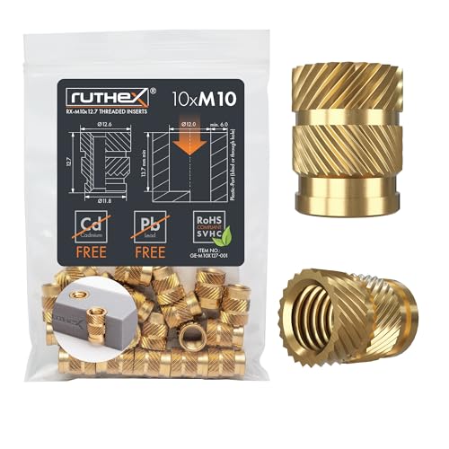 ruthex RX-M10x12,7 Inserto roscado M10, 10 unidades de casquillos de latón, inserto de presión resistente para plástico, aplicable por calor o ultrasonido en piezas de plástico impresas en 3D