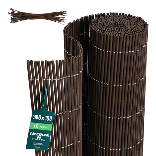 VOUNOT® Cañizo de PVC Imitación a Mimbre Cerramiento Mimbre Artificial en PVC Alta Durabilidad con Bridas Cañas Enteras de 7,5 mm Valla de Decoración para Jardín y Terraza Ocultación Exterior 1x3M