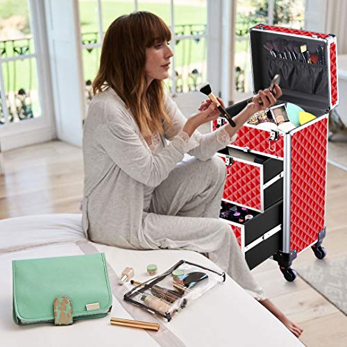 OUDMAY by Amazon - Makeup Case - Professional Rolling Artist Cosmetic Beauty Storage Organizer With 2 Large Locks and Drawer Crystal Red