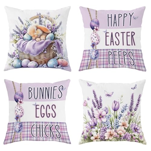 Easter Floral Throw Pillow Covers, Pastel Violet Flower Pillow Case, Spring Holiday Decoration Soft Cushion Covers for Home Sofa Bedroom Living Room 20x20 Inch