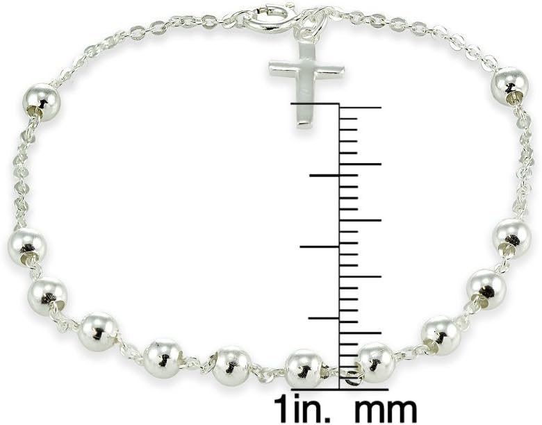Sterling Silver Bead Station Chain Bracelet with Dangling Cross