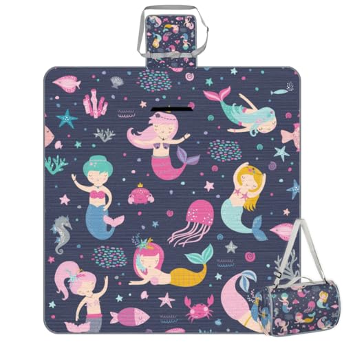 Shimoshe Picnic Blankets 57”x 59”, Ocean Animal Mermaid Patterns Waterproof Sandproof Picnic Mat Lightweight Foldable Beach Blanket for Camping Park Grass Beach Outdoor Blanket