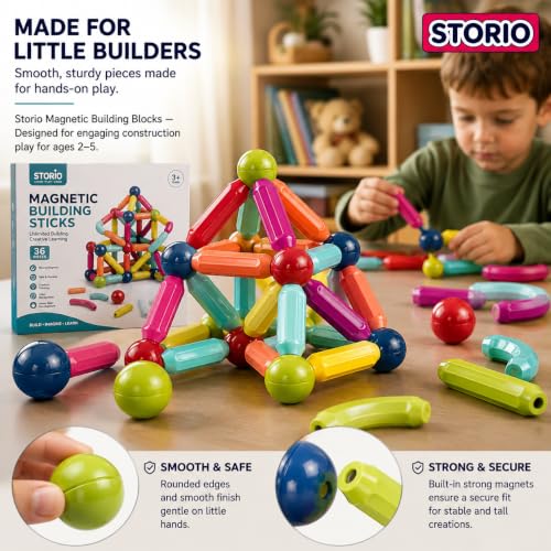 Image of Storio Magnetic Building Blocks for Kids | Construction STEM Building Toys for Kids 2-5 Years | Safe Magnetic Blocks for Toddlers, Boys & Girls | Educational Blocks & Magnet Toys (36pcs)