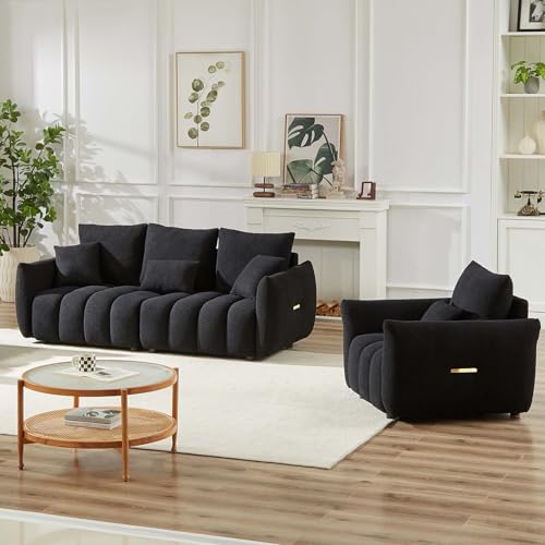 Image of Antetek Teddy Fabric Sofa Set for Living Room, Modern Deep Seat Sofa Chair and Oversized 3-Seater Cloud Boucle Couch for Bedroom, Office, Apartment, Furniture Set, Black (2 Piece)