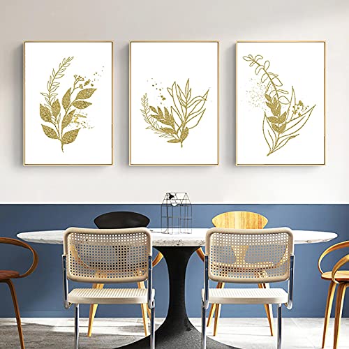Peinture nordique triptyque abstrait feuille de plante d'or sans cadre