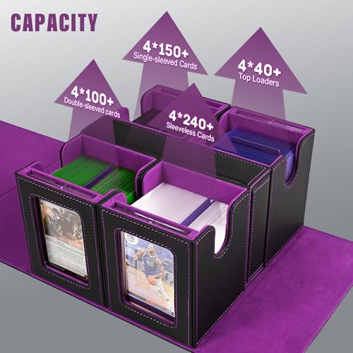 Image of Kabinka Card Deck Box for MTG Commander, Holds 400+ Double-Sleeved Cards, 5 IN 1 Detachable Card Case with Dice Tray, Fits Magic /TCG Cards, 4 Magnetic Card Holders & Dividers (Black Purple)