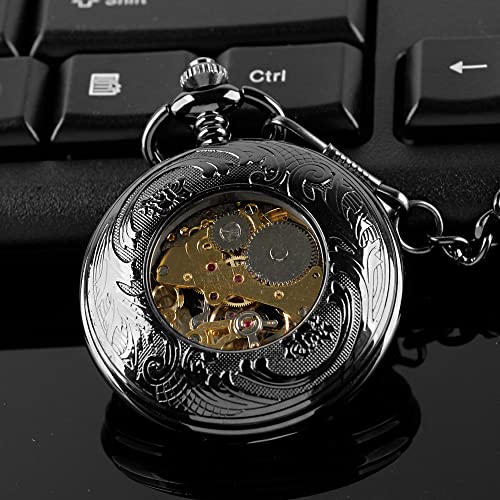 Image of Hand Winding Hollow Roman Numerals Mechanical Pocket Watch Steampunk Mens Watches