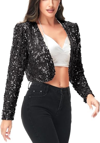 Women's Sequin Jacket Long Sleeve Open Front Glitter Cropped Blazer Bolero Shrug-image-33