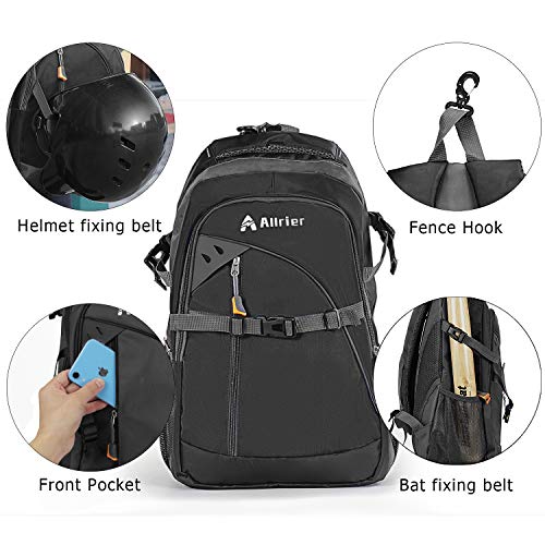 ALLRIER Baseball Backpack Bag - Baseball Bag with Fence Hook, Ball Softball Equipment Gear Holds 2 Bat Helmet Batting Glove Cleats Water Bottles and More for Kids Youth and Adults - Black