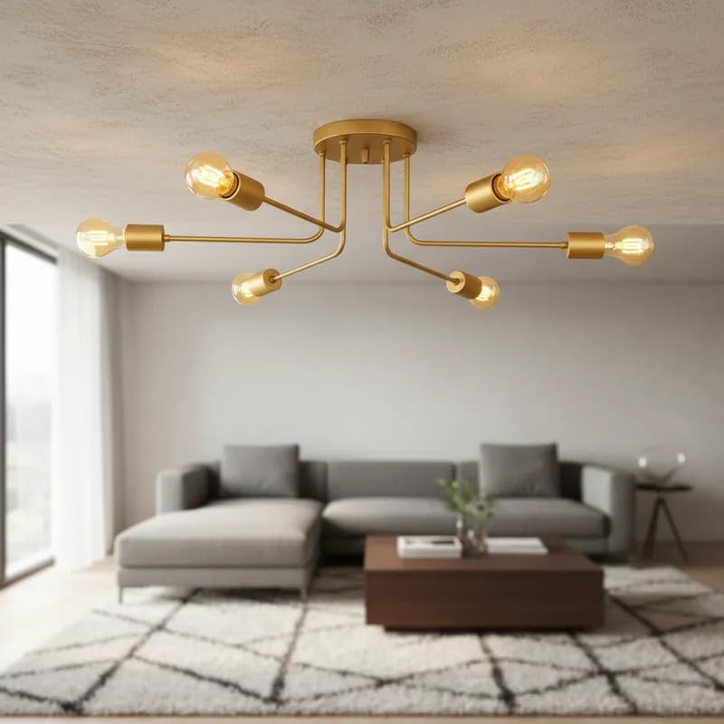 Luminária de Teto Sputnik 6 Braços 'L' Lustre Sala Quarto Cozinha Area Gourmet Hall Sala (DOURADO)