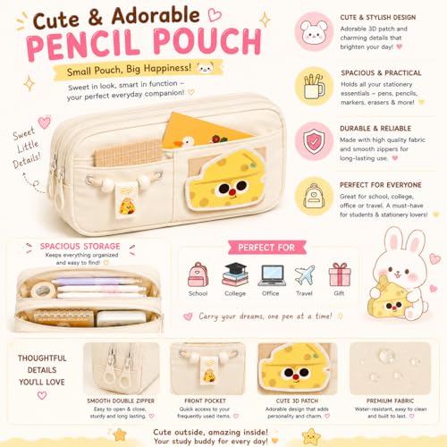 Image of Kawaii Cute Aesthetic Pencil Case for Students | Large Capacity Multi-Pocket Pencil Pouch with Zipper | Cartoon Stationery Organizer Bag for School, College & Office Supplies (Beige)