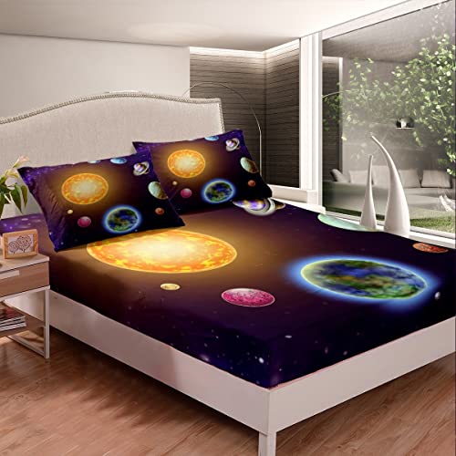 Erosebridal Planet Fitted Sheet Sheet Set Galaxy Starry Sky Series Decor Twin Size,Mystery Outer Space Bed Sheet for Kids Boys Girls Youth,Cosmic Earth Bed Cover Universe Star Bedroom Decor