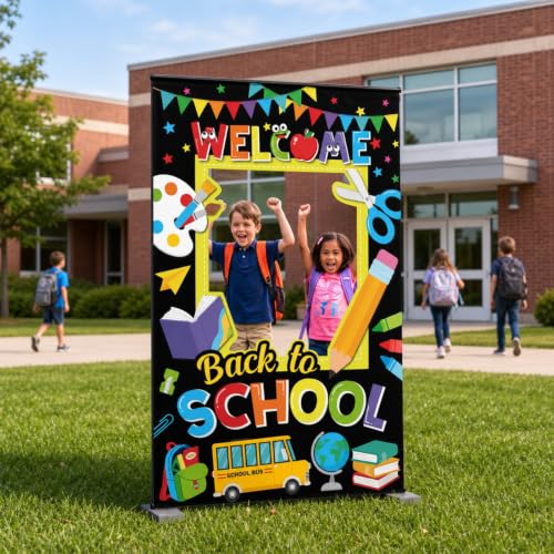 Capoda 4.9ft Back to School Cardboard Cutouts Photo Prop Large Welcome Back to School Party Decoration First Day of Classroom Backdrop Selfie Frame for Kids Student Indoor Outdoor Decor Supplies