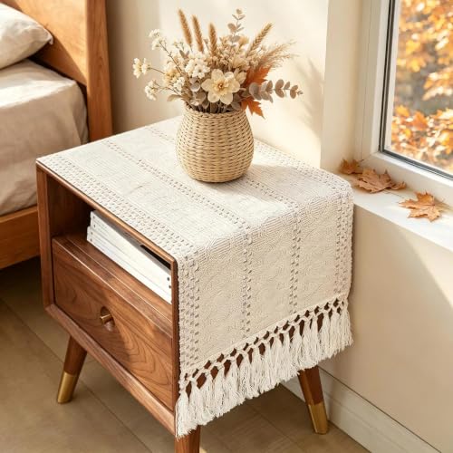 yuboo Boho Table Runner Short, Dresser Runner Cover Top, Beige Macrame Coffee Table Runners for Living Room Kitchen, Nightstand, End Table, Farmhouse Spring Dresser Decor, 48 Inches Long