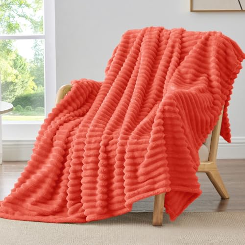 Image of BEDELITE Ribbed Fleece Throw Blanket for Couch, Coral Red, 50 inchx60 inch | Ultra-Soft Plush Fleece, Warm Yet Lightweight, Ribbed Texture, Home Decor, Machine Washable, Giftable, All-Season Use