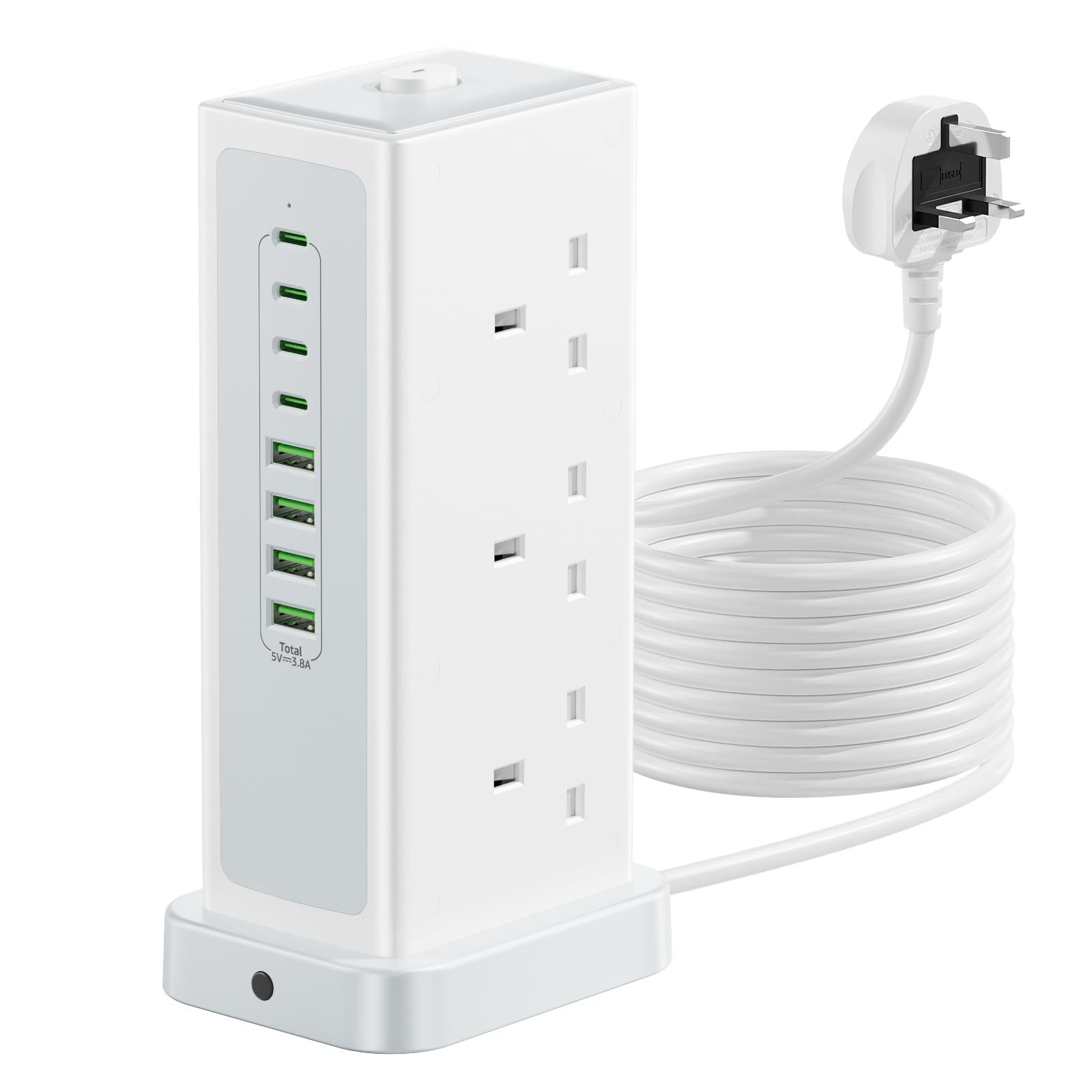 Tower Extension lead with USB Slots,6 Way (13A/3250W) Plug Extension Socket with 4 USB C & 4 USB A, Overload Protection Power Strip with Switch 1.8M Extension Cable for Office, Home, Kitchen — view 9