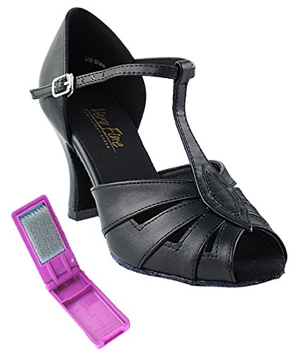 Very Fine Dance Shoes - Ladies Latin, Rhythm, Salsa, Waltz Ballroom Dance Shoes - 2702-2.5-inch Heel and Foldable Brush Bundle - Black Leather - 8.5