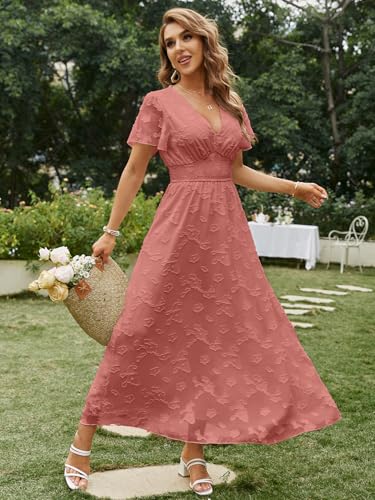 Image of Simplee Women's Boho Floral Maxi Dress Flowy Casual V Neck Short Sleeve Wedding Guest Holiday Beach Long Dress