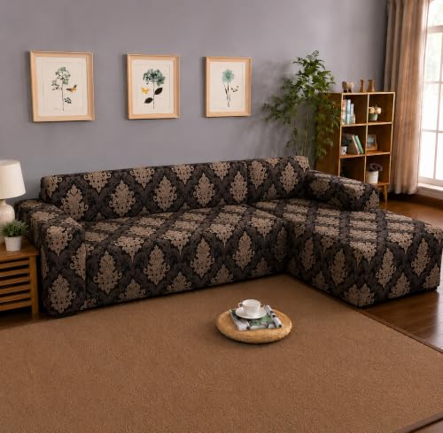 Image of Gifts Island Premium 160GSM Super Soft Brown Damask Stretchable Sofa Cover L Shape 5 Seater Fully Covered | Suitable for Both Left and Right Side Chaise Sofa (Brown Damask, 3+2 Seater)