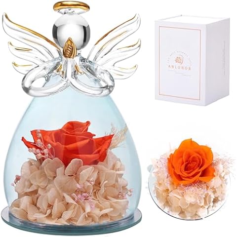 ANLUNOB Preserved Rose Gifts for Women Birthday Gifts for Mon Angel Figurines Purple Rose Flower Rose in Angel Statue Glass Cover Women Gifts Valentines Anniversary Wedding Gifts Cover