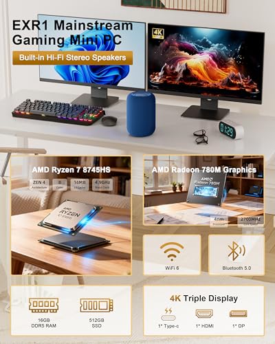 Image of Gaming Mini PC AMD Ryzen 7 8745HS (8C /16T, Upto 4.9GHz) 16GB DDR5 RAM 512GB SSD, 10W Hi-Fi Speaker Mini Computer with USB-C 4.0 /3-Screen Output /Wi-Fi 6 /BT 5.2 /2.5G NIC for Home Office