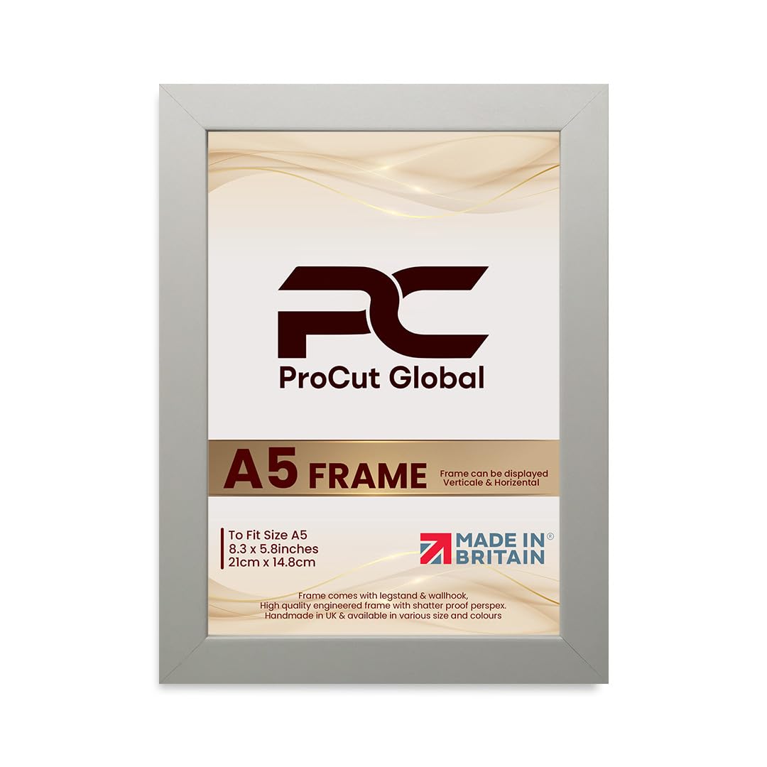 Light Grey Procut Global Picture Frames A5 - Modern A5 Frames With Safe Perspex Front & Wall Hanging Hooks - Premium Synthetic Wood-Handmade Frames