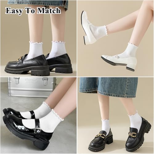 Image of BIVOLU Womens Ankle Socks Ruffle Cotton Cute Frilly Trim Breathable Ankle Ruffled Socks 6 Pack