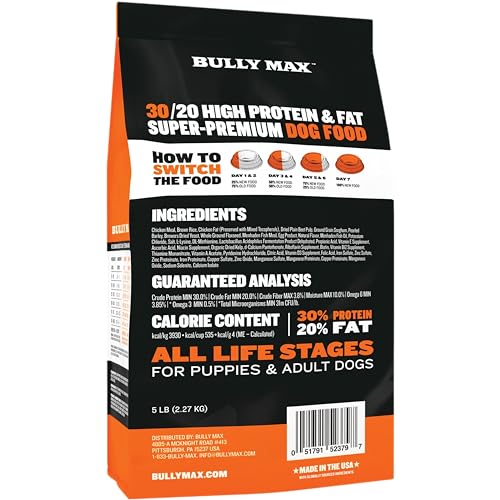 Bully Max Dry Dog Food for Adults & Pupppies - High Protein & Fat for Muscle & Weight Gain - High Performance Dog Food Supplements - Small & Large Breed Dogs (535 Calories Per Cup), Chicken, 5lb Bag