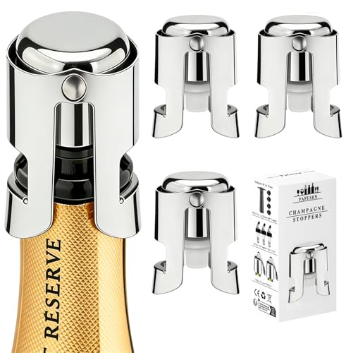 Champagne Stoppers for Bottles, Pafusen Champagne Sealer Stopper, Stainless Steel Champagne Cork Stopper Toppers, Saver for Champagne Cava Prosecco Sparkling Wine (Champagne -3-Pack-Silver)