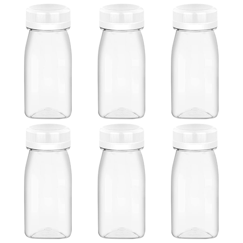 JIHUOO 6 Pcs 120ml Clear Plastic Juice Bottles Little Empty Drink Bottles Reusable Juicing Bottles Leakproof Juice Containers Transparent Beverage Containers with White Lids