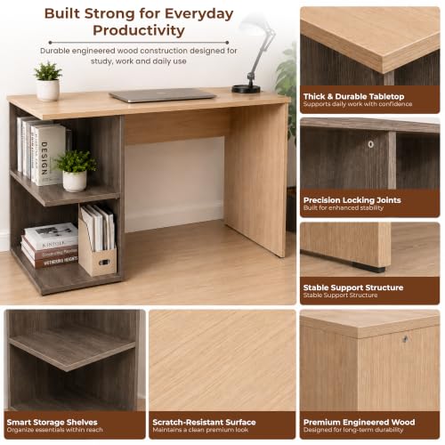 Image of ZEPO MART Study Table with Storage Shelves | Wooden Laptop Desk for Students & Work from Home | Modern Computer Office Table for Bedroom, Hostel & Small Spaces 122x62x30 cm
