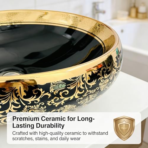 Image of Wallace Designer Oval Table Top Wash Basin Black & Gold 60x40x15 cm | Premium Ceramic Countertop Vessel Sink with Royal Floral Pattern | Luxury Over Counter Bathroom Basin
