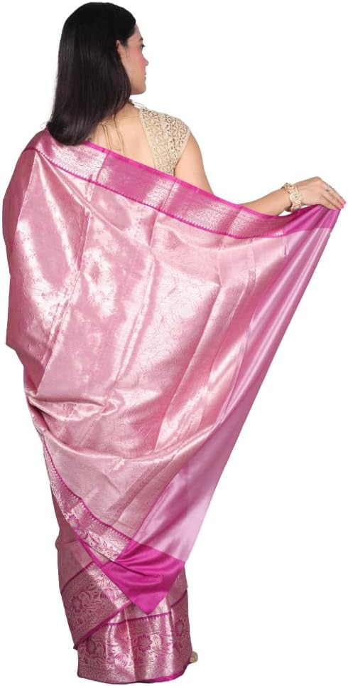 Pure Silk Saree with Pink & Banarasi handwoven Brocade silky saree – Traditional Indian Wedding & Party Wear Sari