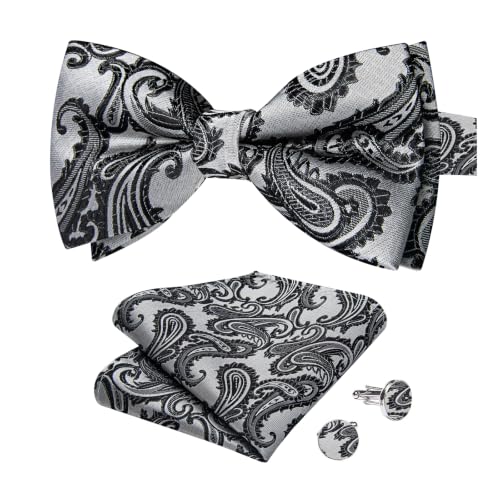 Image of DiBanGu Paisley Pre-Tied Bow Ties for Men Silk Adjustable Bowtie and Pocket Square Cufflinks for Wedding Party