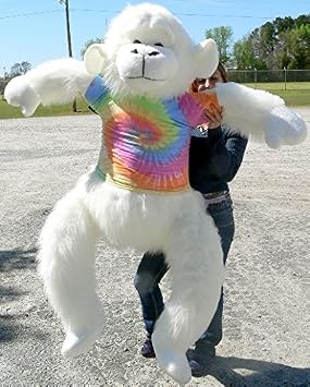 Big Plush American Made Giant Stuffed White Gorilla 6 Foot Soft Monkey Wears Rainbow Tie Dye T-Shirt