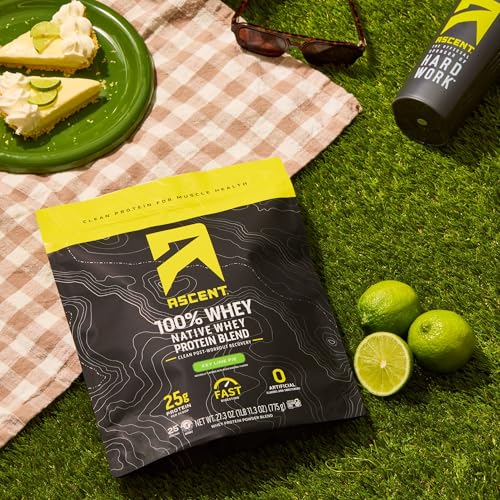 Image of Ascent 100% Whey Protein Powder - Post Workout Whey Protein Isolate, Zero Artificial Flavors & Sweeteners, Gluten Free, 5.5g BCAA, 2.6g Leucine, Essential Amino Acids, Key Lime Pie, 1.7 lb