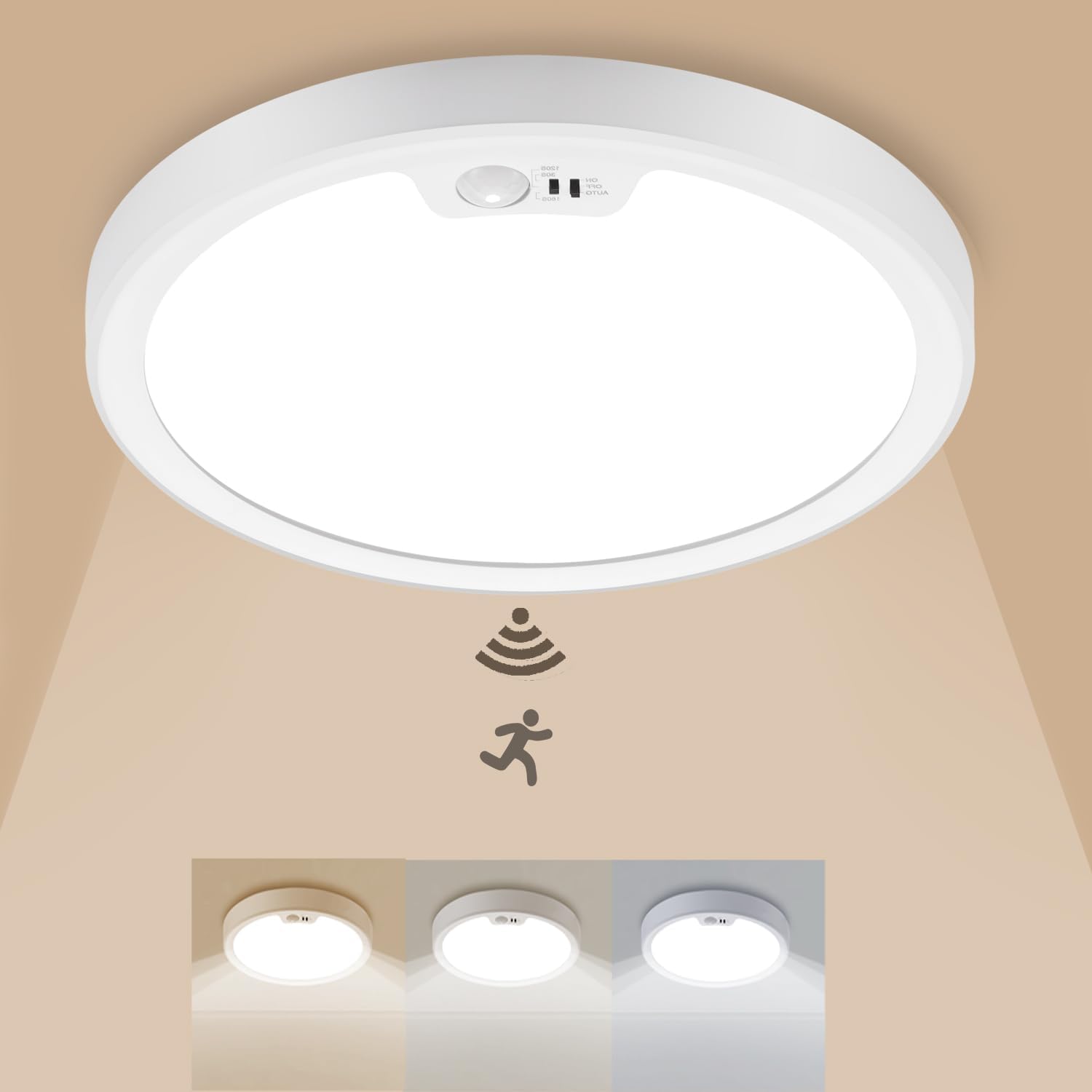 LINEWAY Motion Sensor Ceiling Light Wired, 8.7inch 18W 1600LM 3000K/4000K/6500K Motion Activated Ceiling Light with Timer LED Flush Mount Light Motion Sensor Closet Light for Hallway Stair Doorway