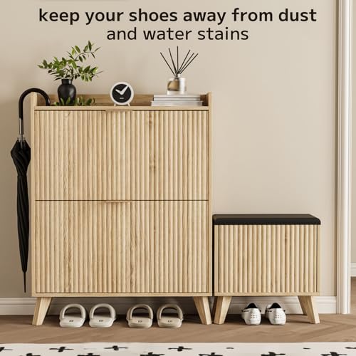 Image of Fluted Shoe Cabinet Storage with Bench, Wood Narrow Hidden Shoe Cabinet with 2 Flip Drawers Wood Legs Adjustable Shelf for Entryway, L-Shaped Shoe Rack Organizer for Foyer Hallway Living Room
