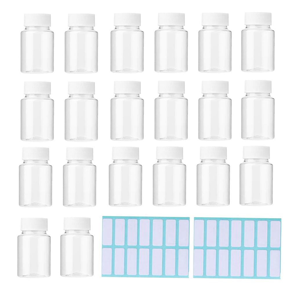 SKYPRO 20 Pcs Clear Plastic Medicine Bottles Empty Reagent Containers with Caps for Liquid and Medicine Solid Powder with Adhesive (15ml)