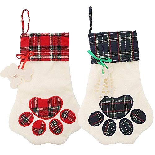 Deggodech 2 Pezzi Calze di Natale da Appendere Decorazioni 46cm Grande Gatto Calza di Natale Personalizzata Forma di Zampa di Cane Rosse Plaid Calza Natalizie Camino Decorazioni Christmas Stockings