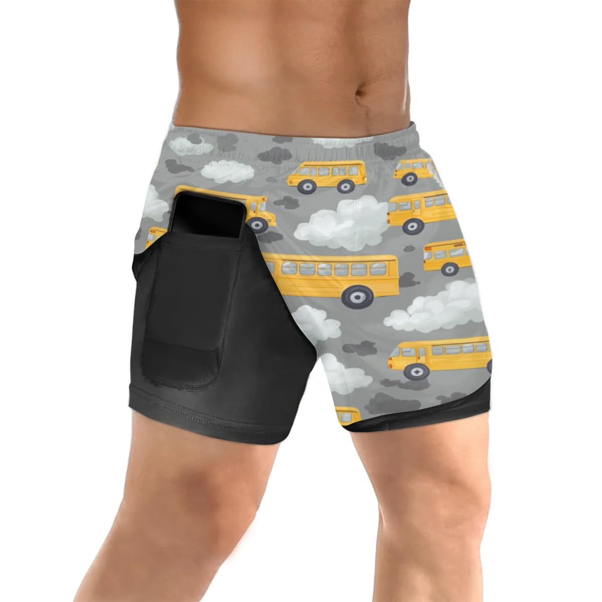 Mens 2 in 1 Running Short Creativity Buses Car Gym Athletic Sport Shorts for Men with Liner Phone