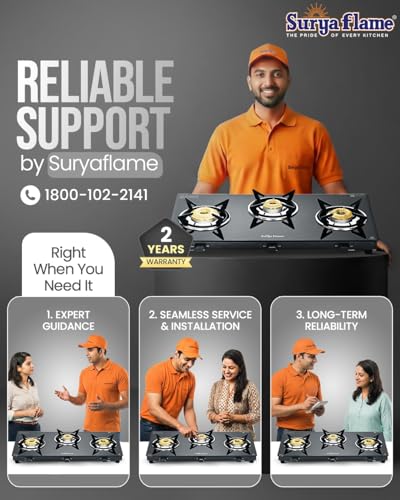 Image of Surya Flame Creta Gas Stove 3 Burners | Tri-pin Brass Burner | 3 Burner Gas Stove Glass Top, Stove 3 Burner, Ultra Slim Design with Toughened Glass Top, Removable Drip Tray, ISI Certified