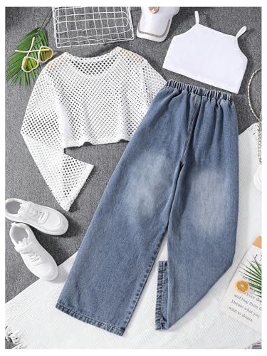 Image of OYOANGLE Girl's 3 Piece Outfits Cami Crop Top and Crochet Hollow Out Tee with Ripped Jeans Pants Set