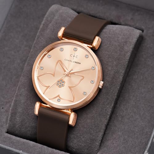 Image of CHARLIEKEEN Women's Watch, Analog Dial with Rose Gold Flower Design, Crystal Accents, Soft Silicone Strap
