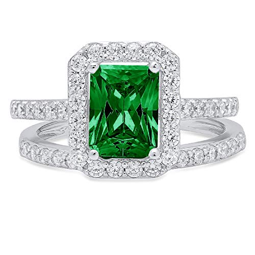 Clara Pucci 2.20Ct Emerald Round Cut Pave Halo Solitaire Accent Genuine Flawless Simulated Emerald Engagement Promise Statement Anniversary Bridal Wedding Ring Band Set 18K White Gold Size 6 #TOP22
