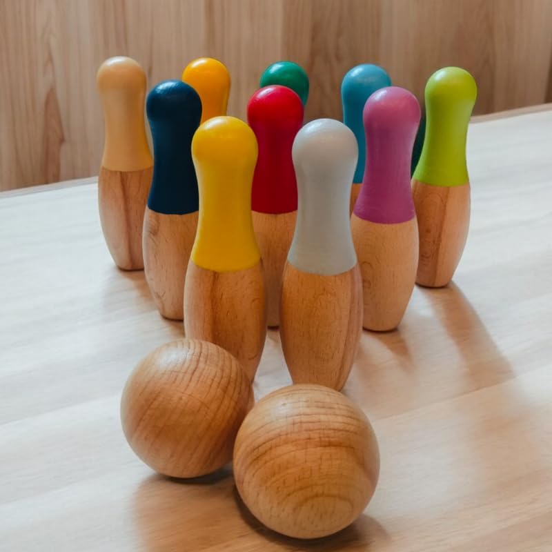 Beebox Wooden Bowling Game Set || 10 Pins & 2 Balls || Fun & Safe Colorful Indoor-Outdoor Game for Kids – 20x12.3x6 cm - Image 2 thumbnail