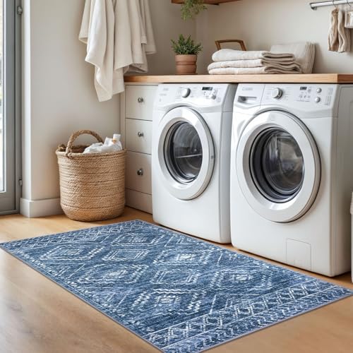 KILOCOCO Boho Entryway Rug 3x5 Area Rug Washable Non Slip Printed Throw Rugs Soft for Kitchen Living Room Dining Bedroom Geometric Moroccan Carpet, Stonewashed Blue