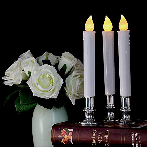 Image of Wondise Flameless Window Candles with Remote and Timer, Battery Operated Flickering Candles with Silver Holders and Suction Cups, Battery Included, for Holiday Decoration, Set of 4(D1 x H7 Inch)