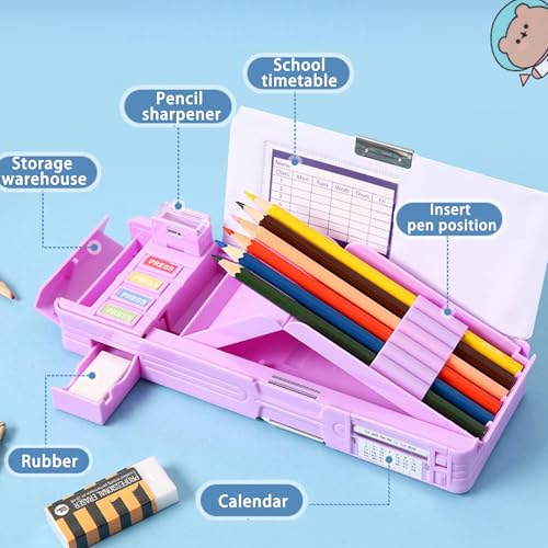 Image of Pop Up Multifunction Pencil Case with Pencil and Eraser, Cute Cartoon Pen Box Organizer Stationery, Sharpener, Schedule, Best Birthday Gifts for Kids Teens(Purple unicorn)